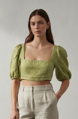 Reformation 100% Linen Puff Sleeve Crop Top Green, Size 10